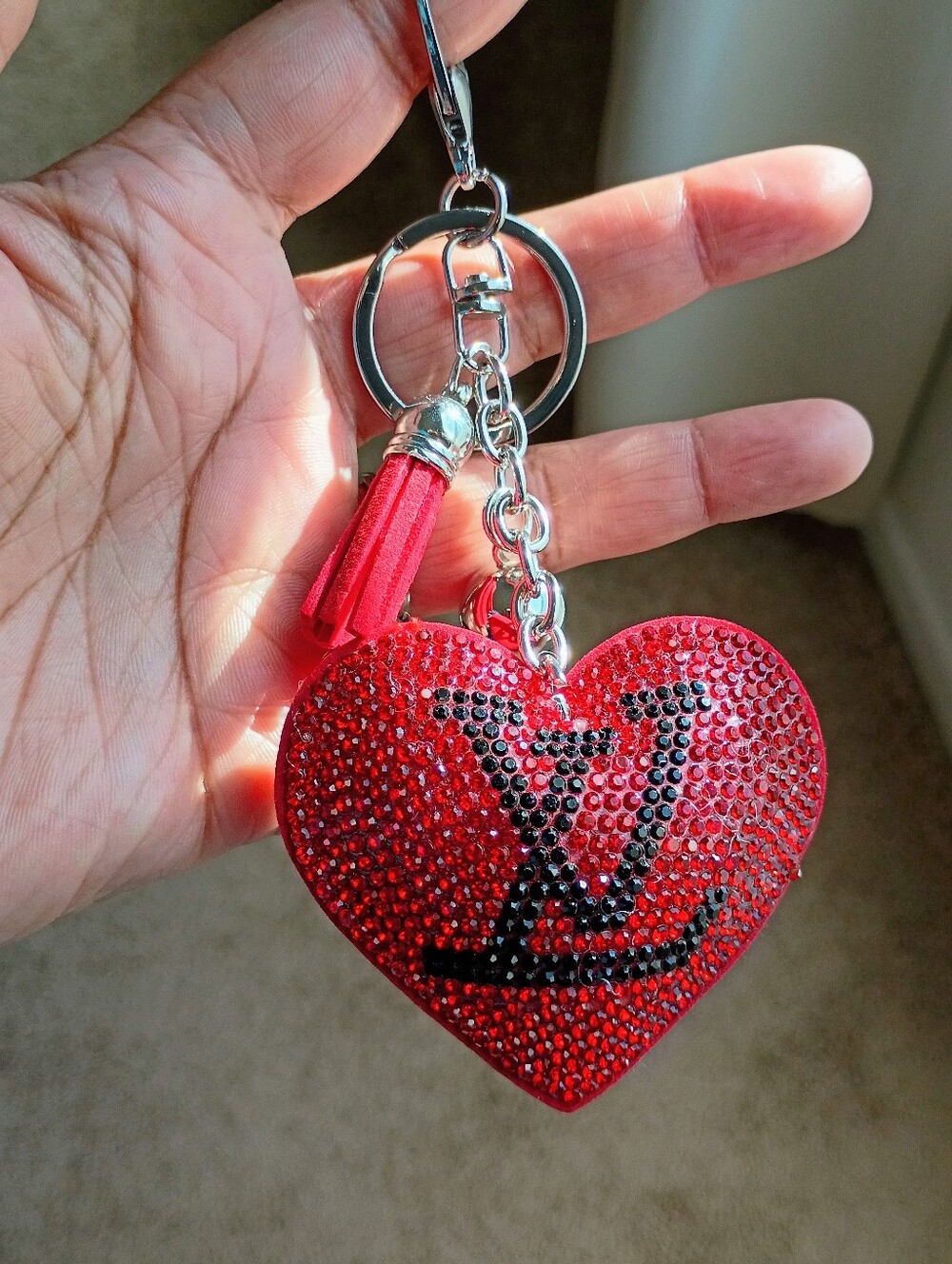 New Red Heart Rhinestone Keychain with Tassel